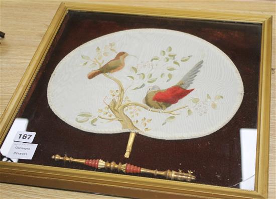 A Victorian silk and felt work hand screen, decorated with exotic birds, framed, 40 x 38cm
